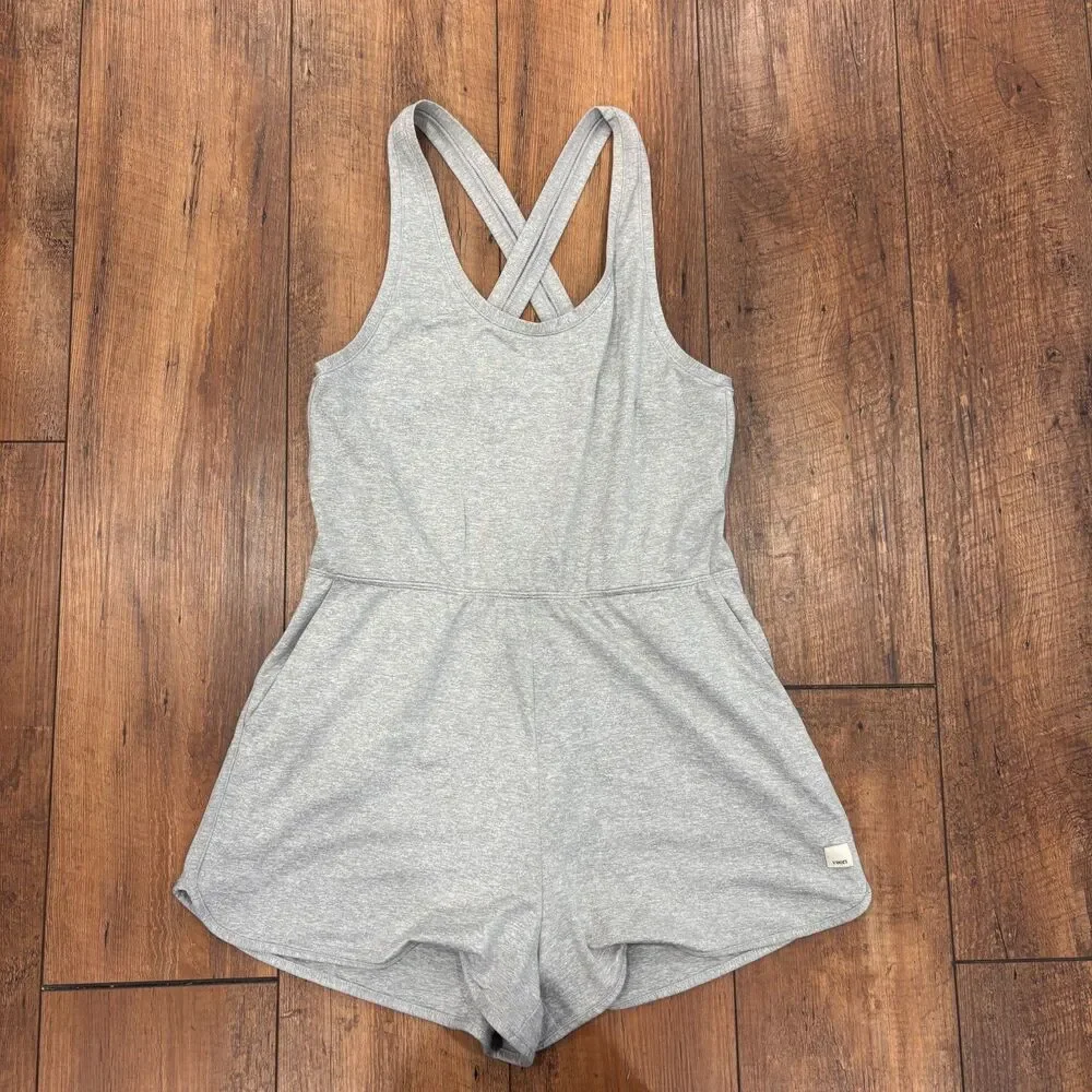 Vuori Halo Retro Romper Pale Heather Grey Soft Stretch Dreamknit Crossback Sz S